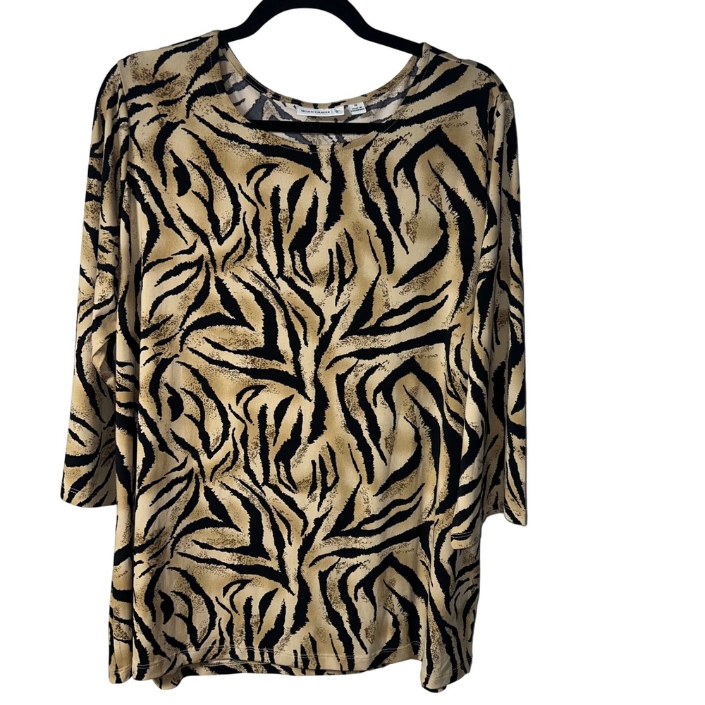 Susan Graver Liquid Knit Tiger Animal Print 3/4 Sleeve Top Office Comfy Travel